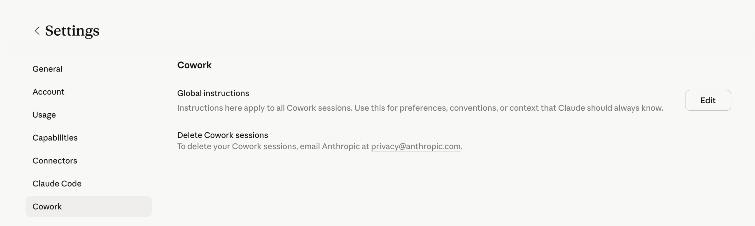 Claude Cowork Settings screen showing the Global Instructions panel under Settings > Cowork