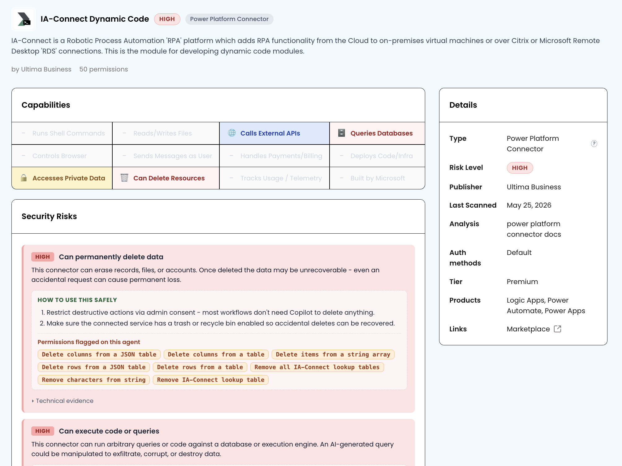 IA-Connect Dynamic Code connector entry in the copilotsec.ai catalog showing HIGH risk rating, capabilities including Accesses Private Data and Can Delete Resources, and Run PowerShell script in the permissions list