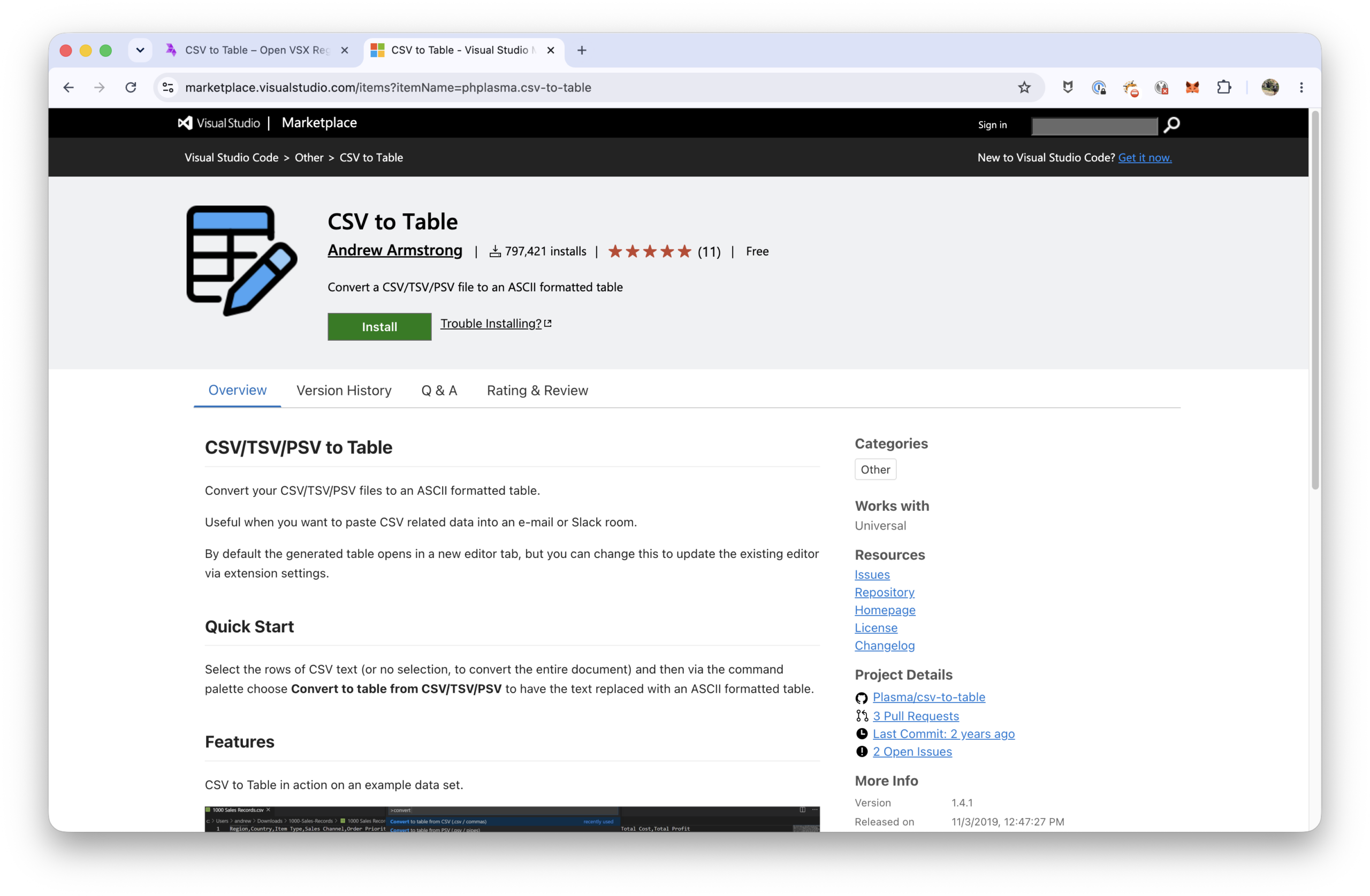 Open VSX CSV to Table page showing an unverified namespace warning for publisher matthew-walker-9276