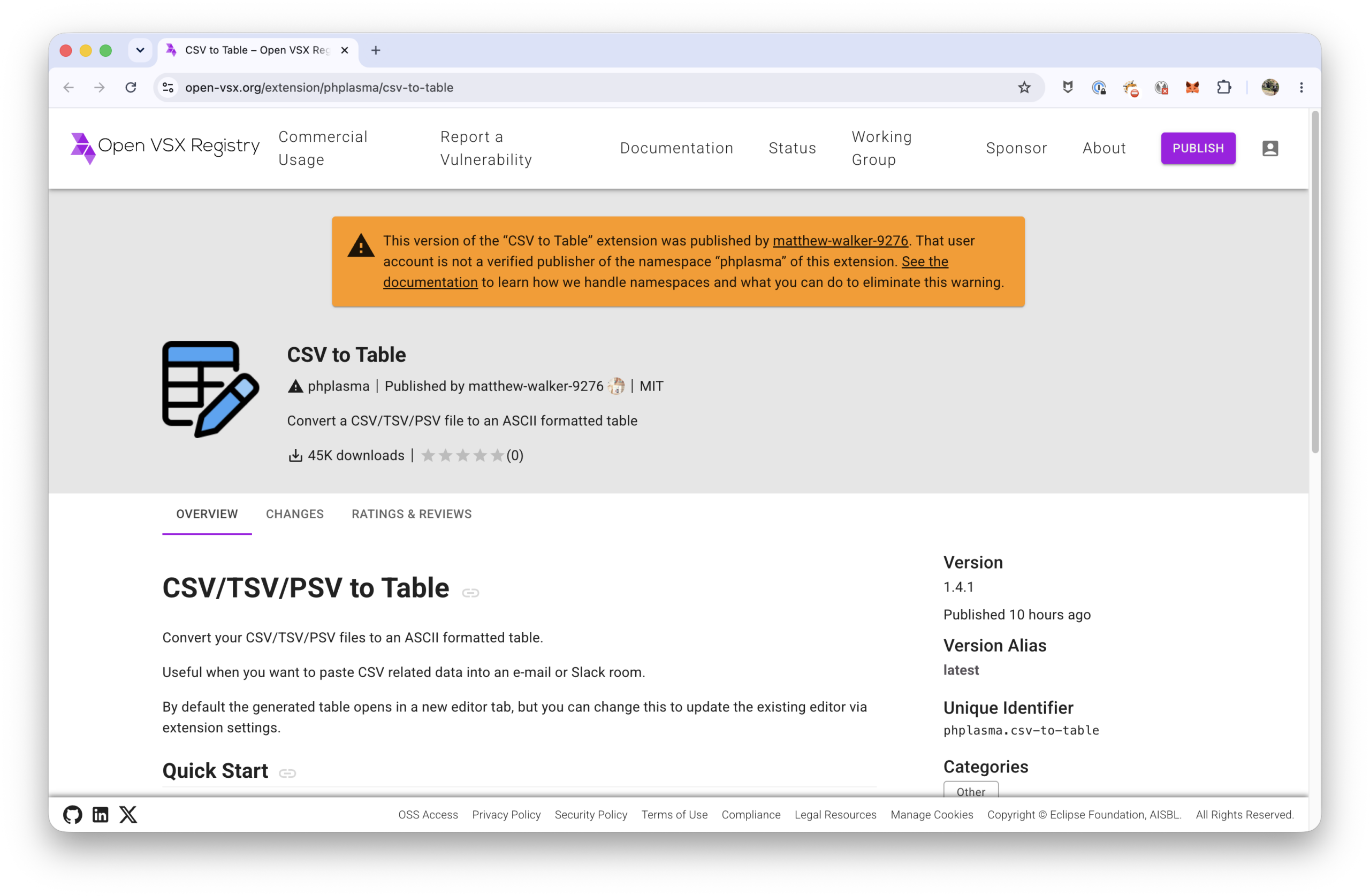 Visual Studio Marketplace CSV to Table page showing the original extension published by Andrew Armstrong