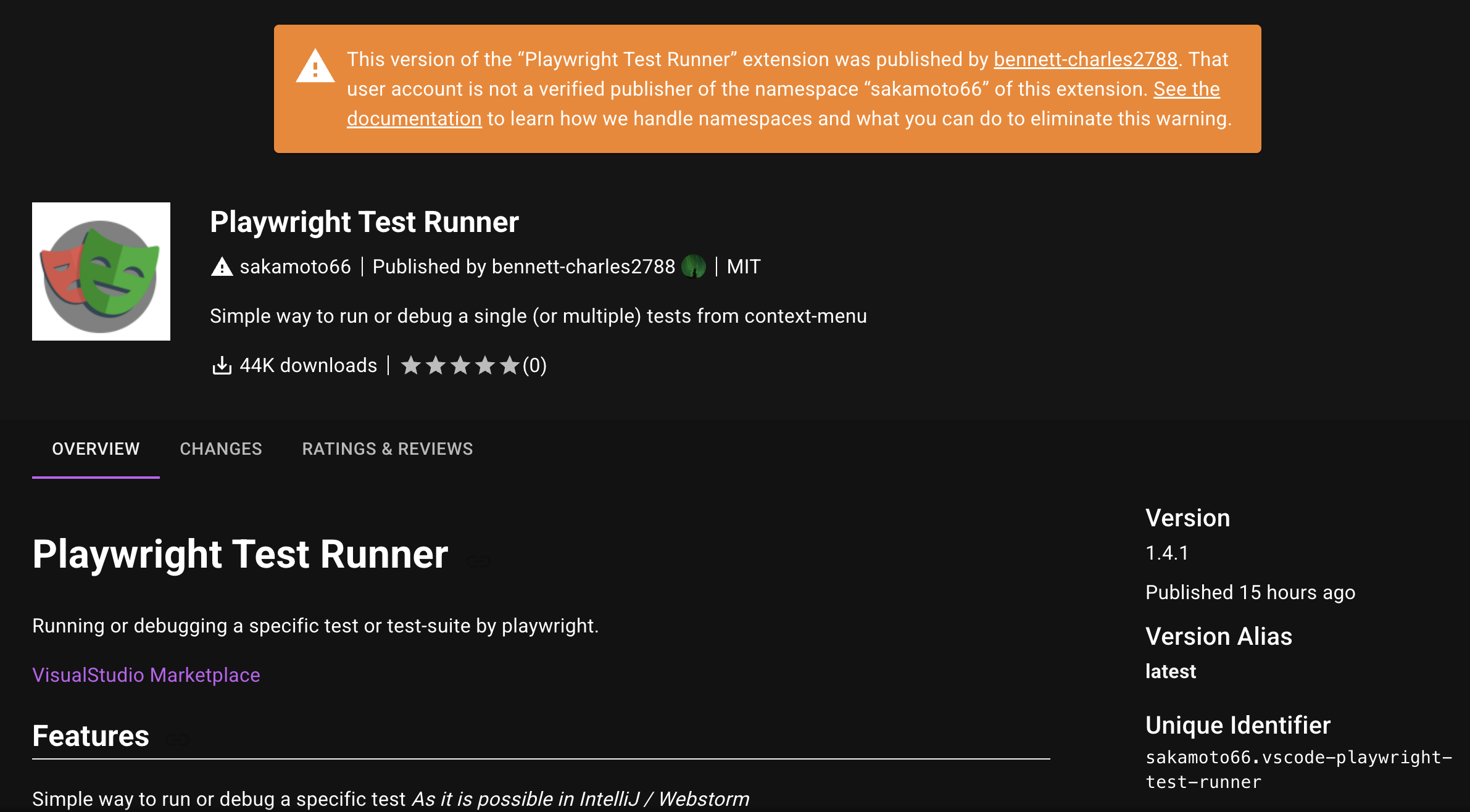 Open VSX warning showing Playwright Test Runner was published by an unverified account for the sakamoto66 namespace