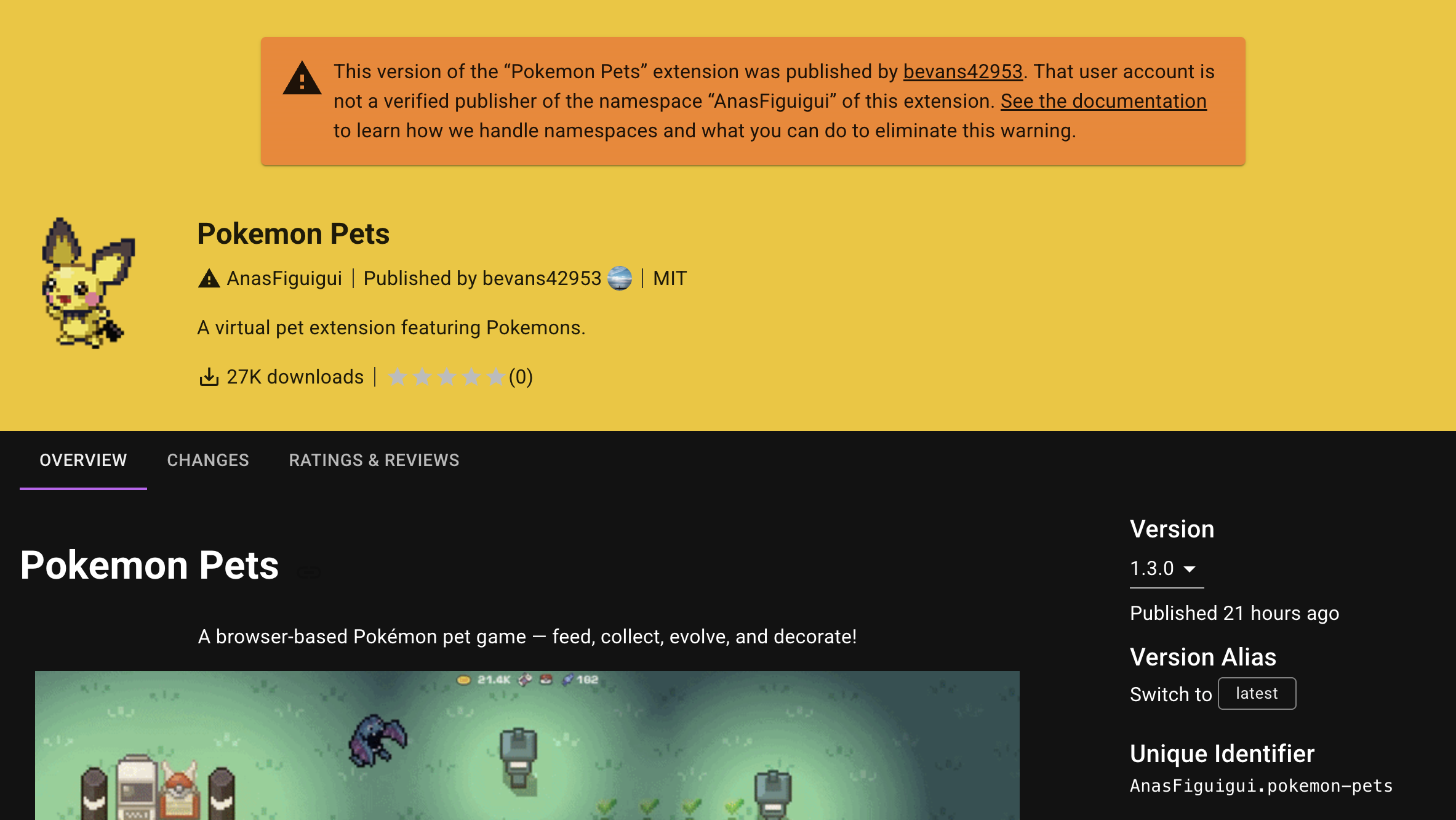 Open VSX warning showing Pokemon Pets was published by an unverified account for the AnasFiguigui namespace