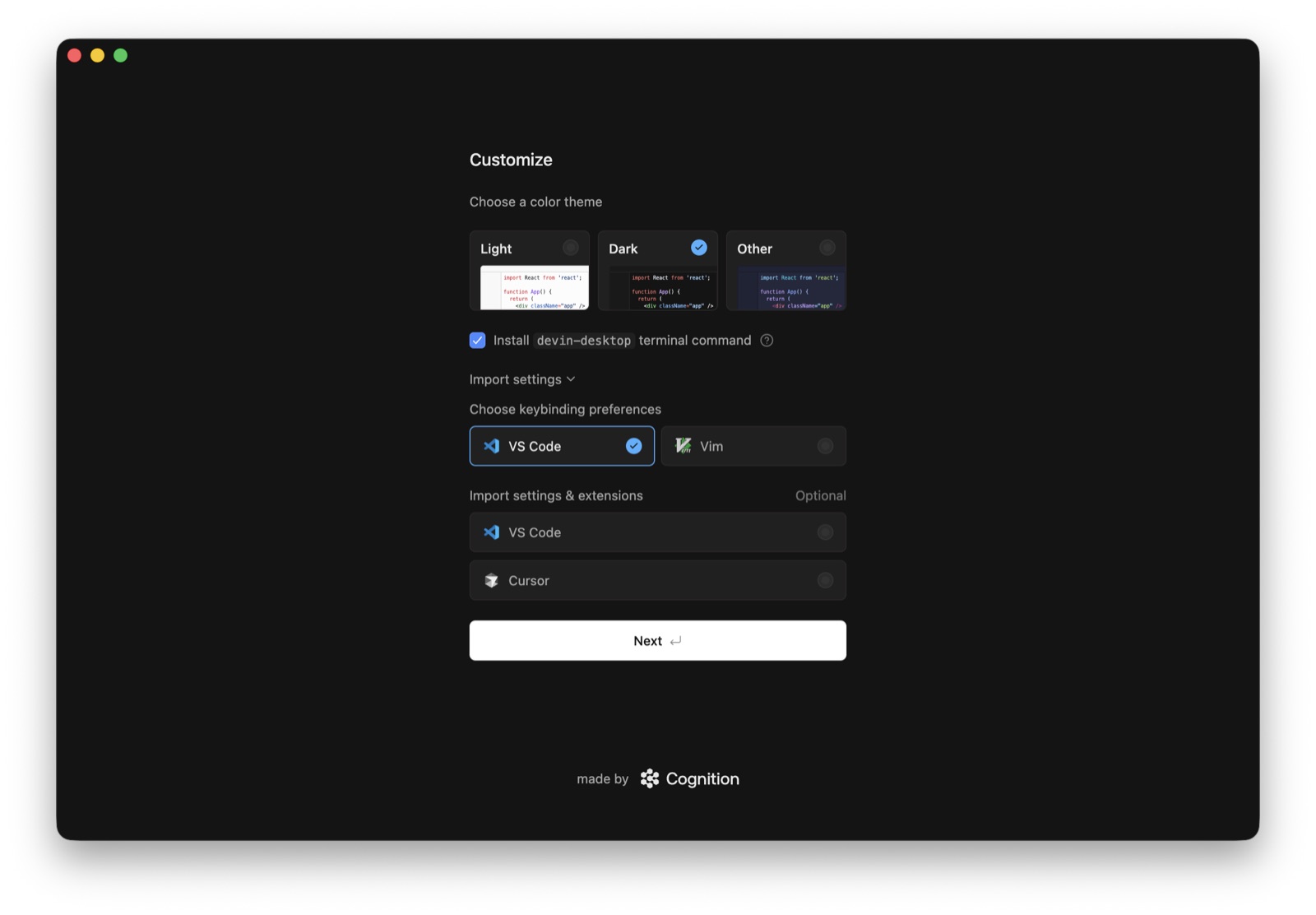 Onboarding in a VS Code fork offering to import your VS Code settings and extensions