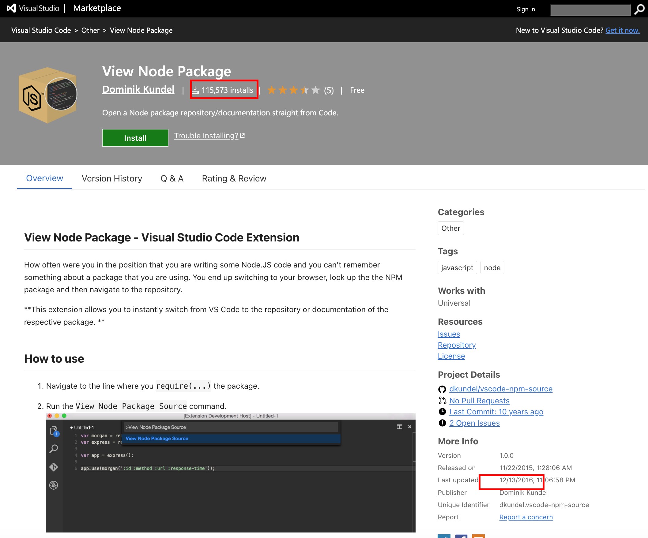 View Node Package on the Microsoft Marketplace, 115,573 installs, by Dominik Kundel