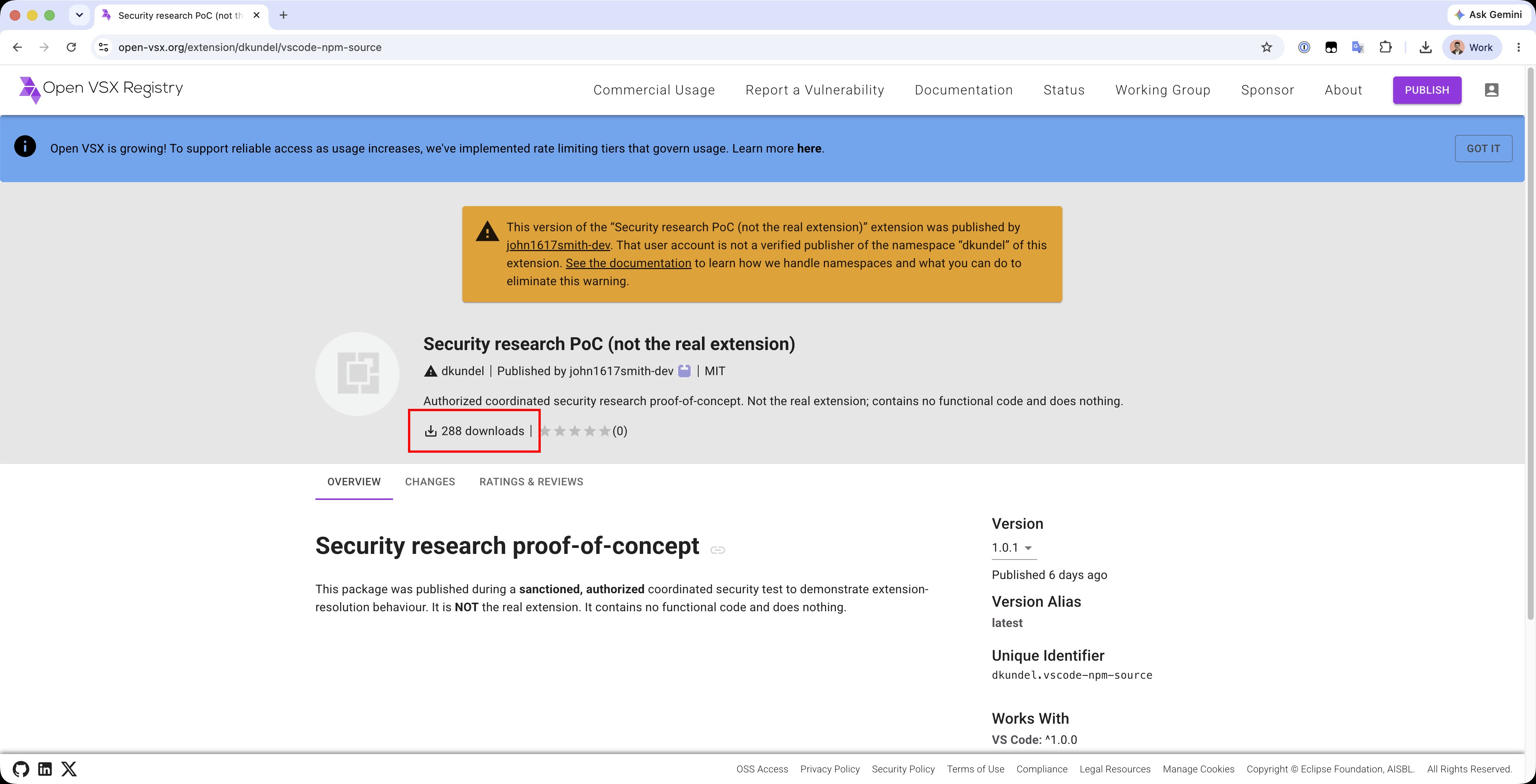 Our PoC extension's Open VSX page showing 288 downloads in six days