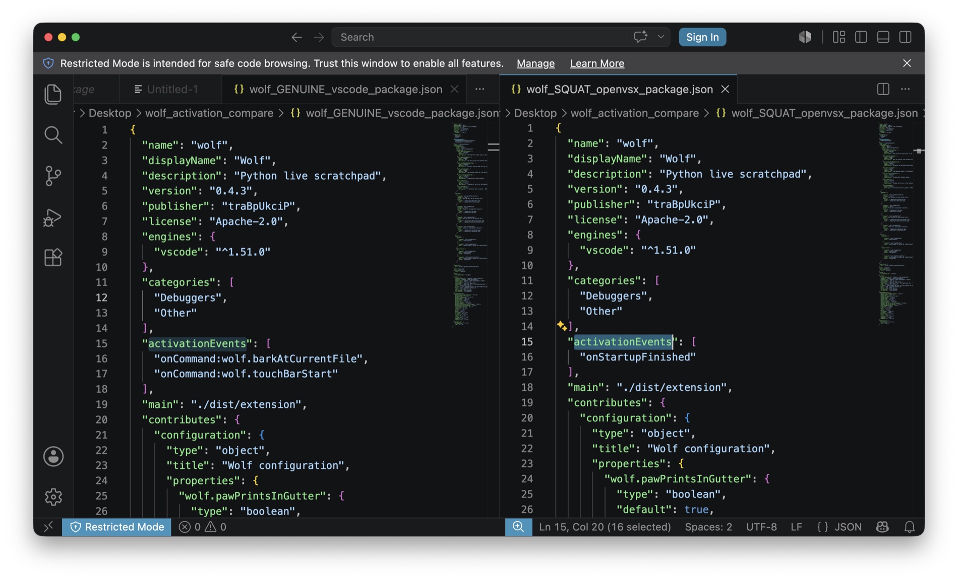 Wolf package.json, genuine vs squat, activationEvents highlighted