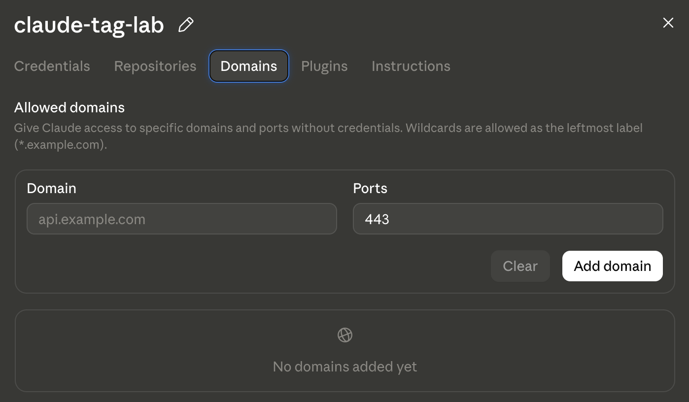 The Domains tab of an Access bundle named claude-tag-lab, showing the "Allowed domains" panel with a Domain field (placeholder api.example.com), a Ports field (443), Add domain and Clear buttons, and the note that wildcards are allowed as the leftmost label.