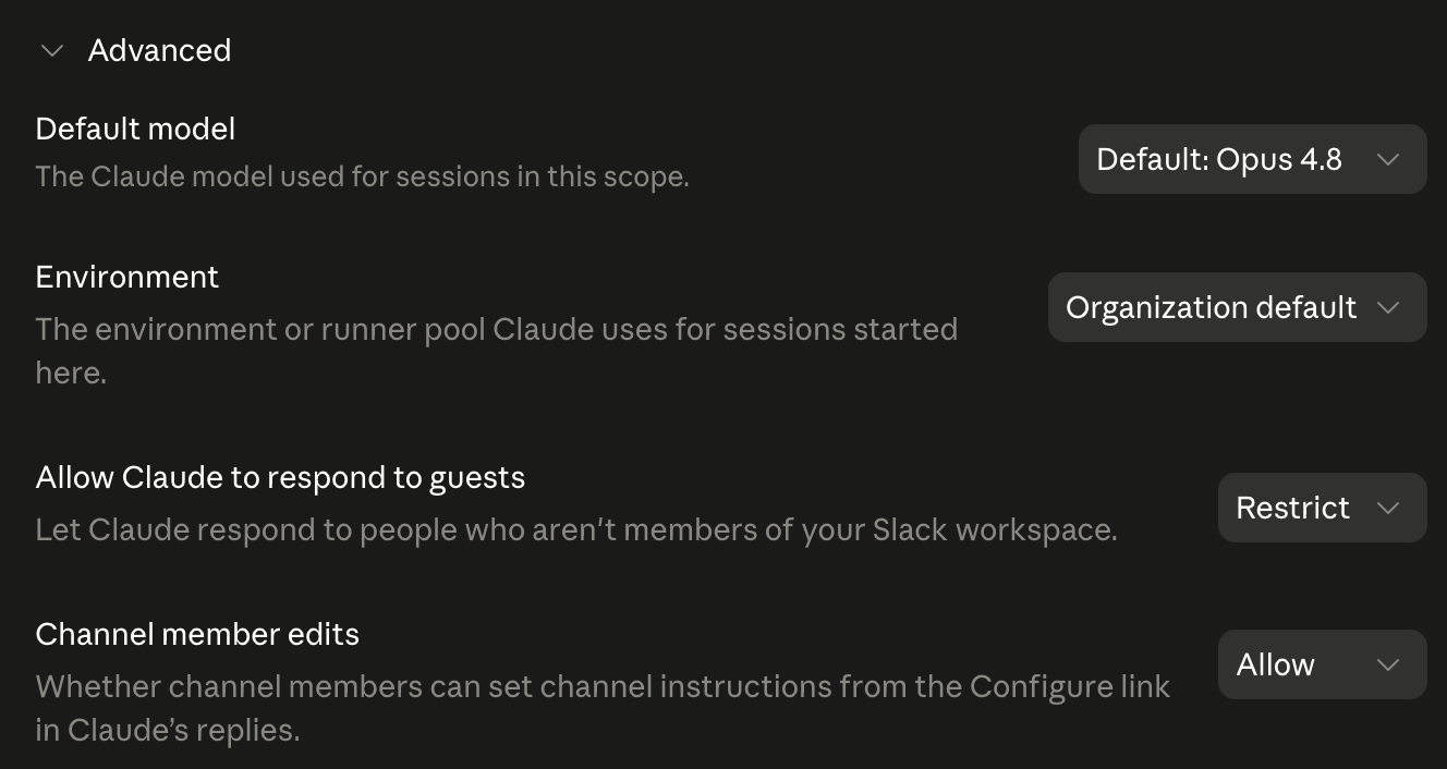 Per-scope Advanced settings showing a Default model selector, an Environment selector, an "Allow Claude to respond to guests" control set to Restrict, and a "Channel member edits" control set to Allow.