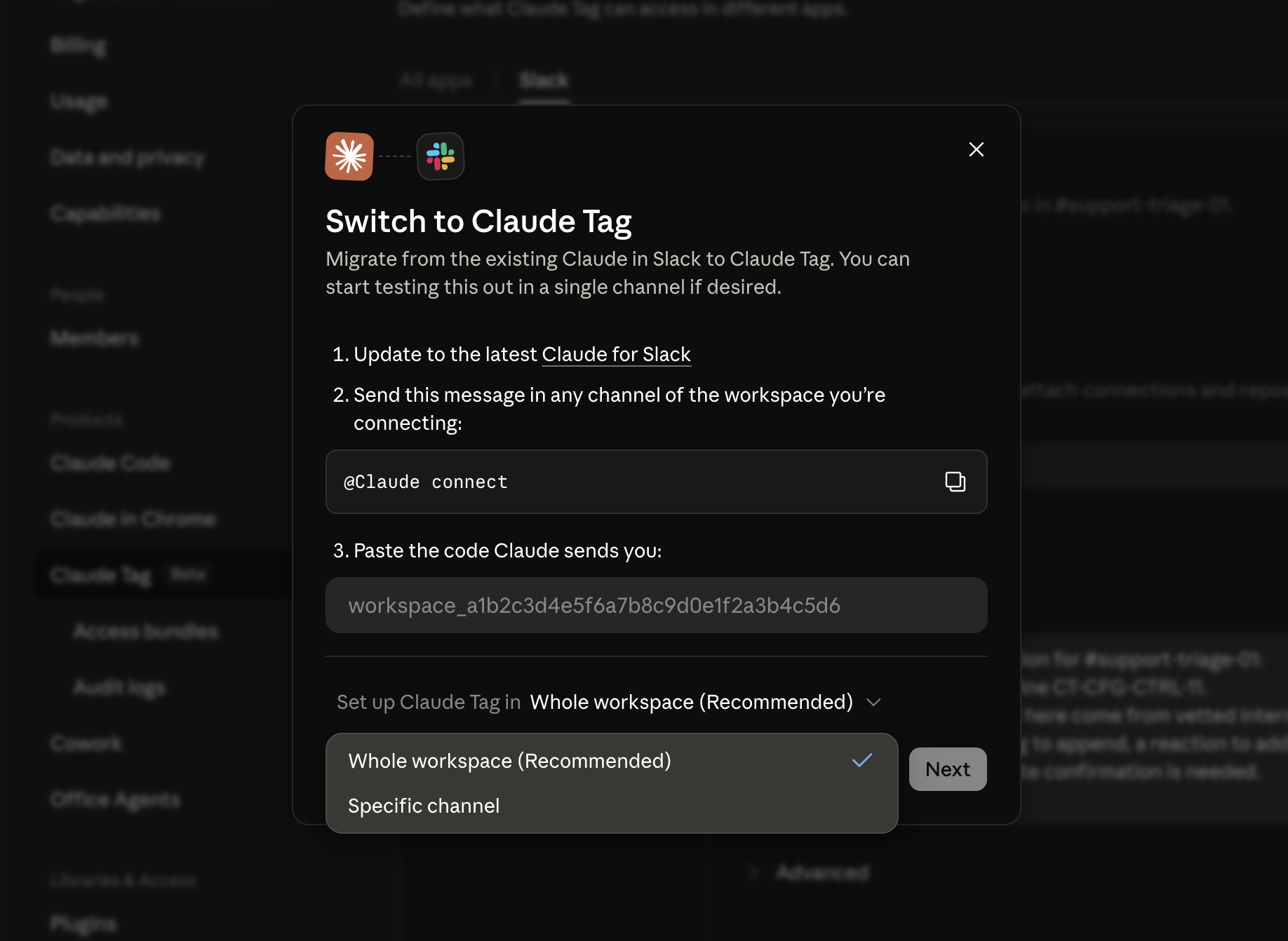 The "Switch to Claude Tag" setup dialog, with a "Set up Claude Tag in" selector open and defaulting to "Whole workspace (Recommended)"; the alternative is "Specific channel."