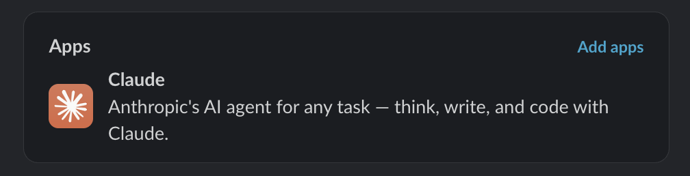 The Claude app as it appears in Slack's Apps list, described as "Anthropic's AI agent for any task."