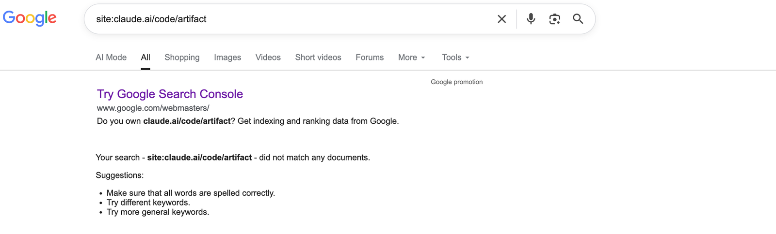 Searching Google for the Claude Code artifact path returns nothing. The no-index header holds.