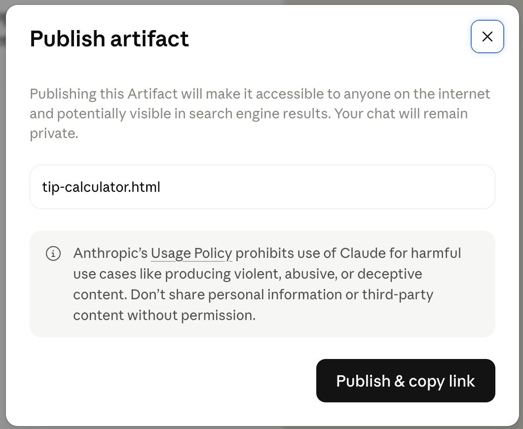 The free-plan publish dialog. It names search engine results explicitly, before you confirm.
