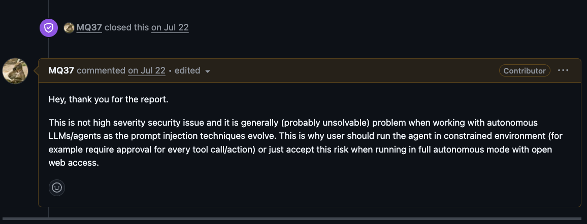 Apify response describing the prompt-injection issue as probably unsolvable and recommending constrained agents or approval for every tool call