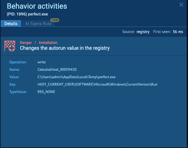 Any.Run behavior alert: perfect.exe writes CelestialHost autorun under HKCU CurrentVersion Run pointing at the drop in Temp