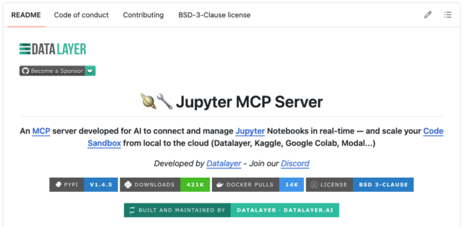 jupyter-mcp-server's GitHub README, showing v1.4.5, 421K PyPI downloads, 14K Docker pulls, and BSD-3-Clause license, built and maintained by Datalayer