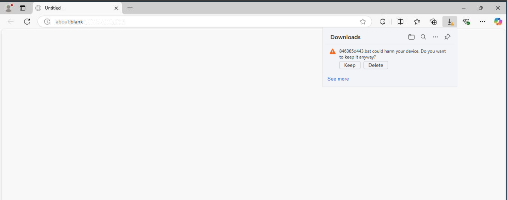 Browser SmartScreen warning that 846385d443.bat could harm your device