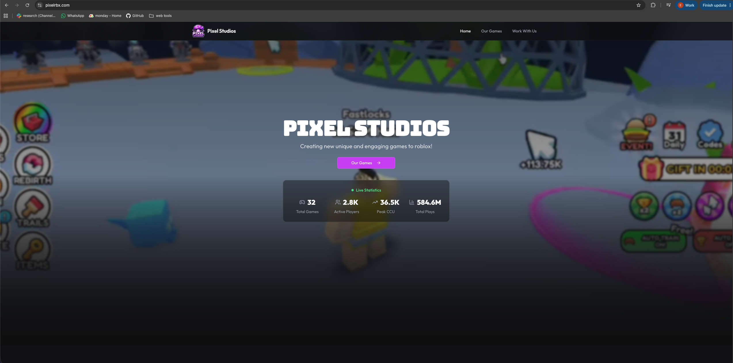 The pixelrbx.com front page, using Roblox studio branding as cover for the stage-two download host