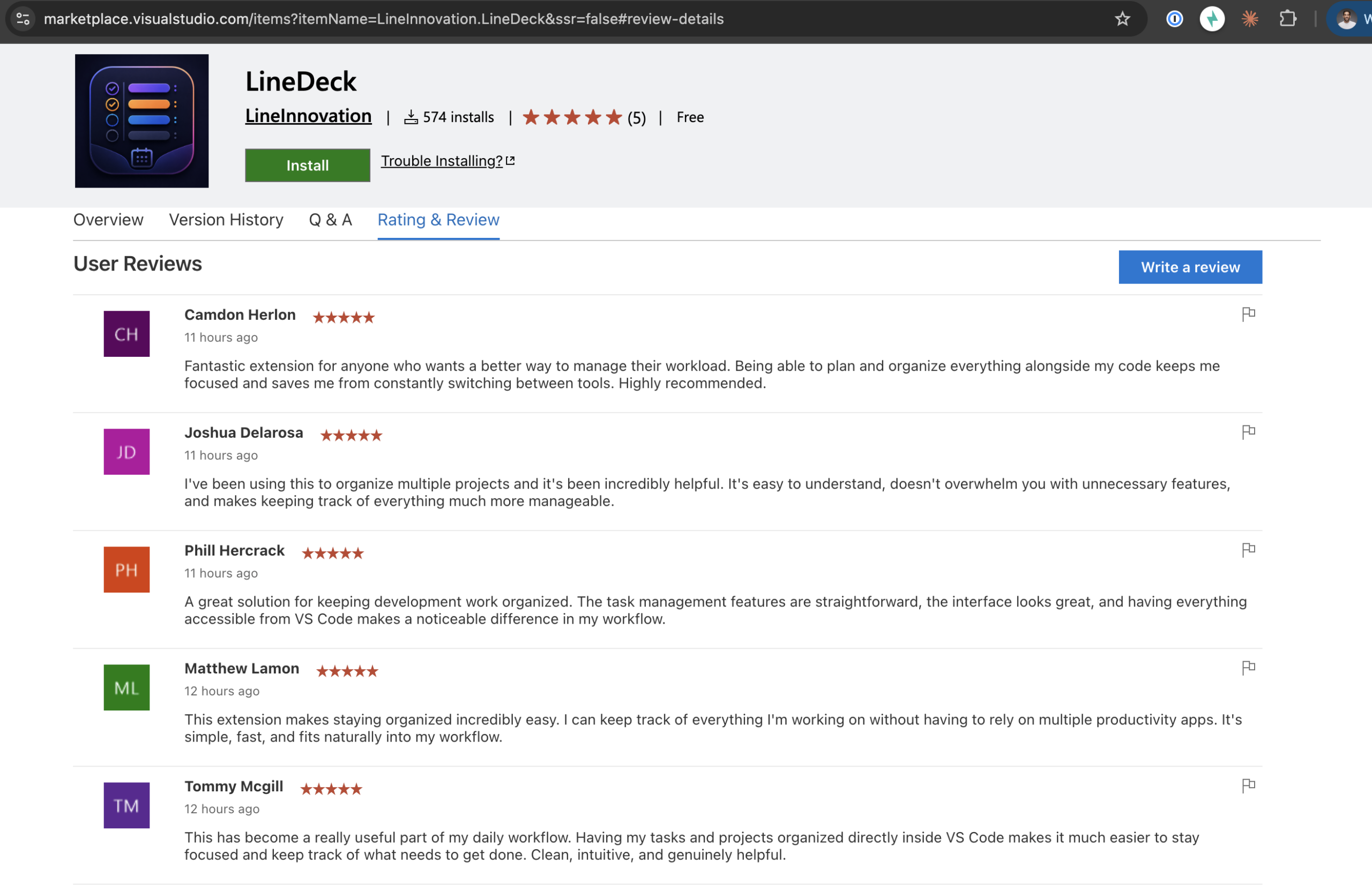 LineDeck Marketplace reviews tab showing five five-star reviews all posted within about an hour of each other