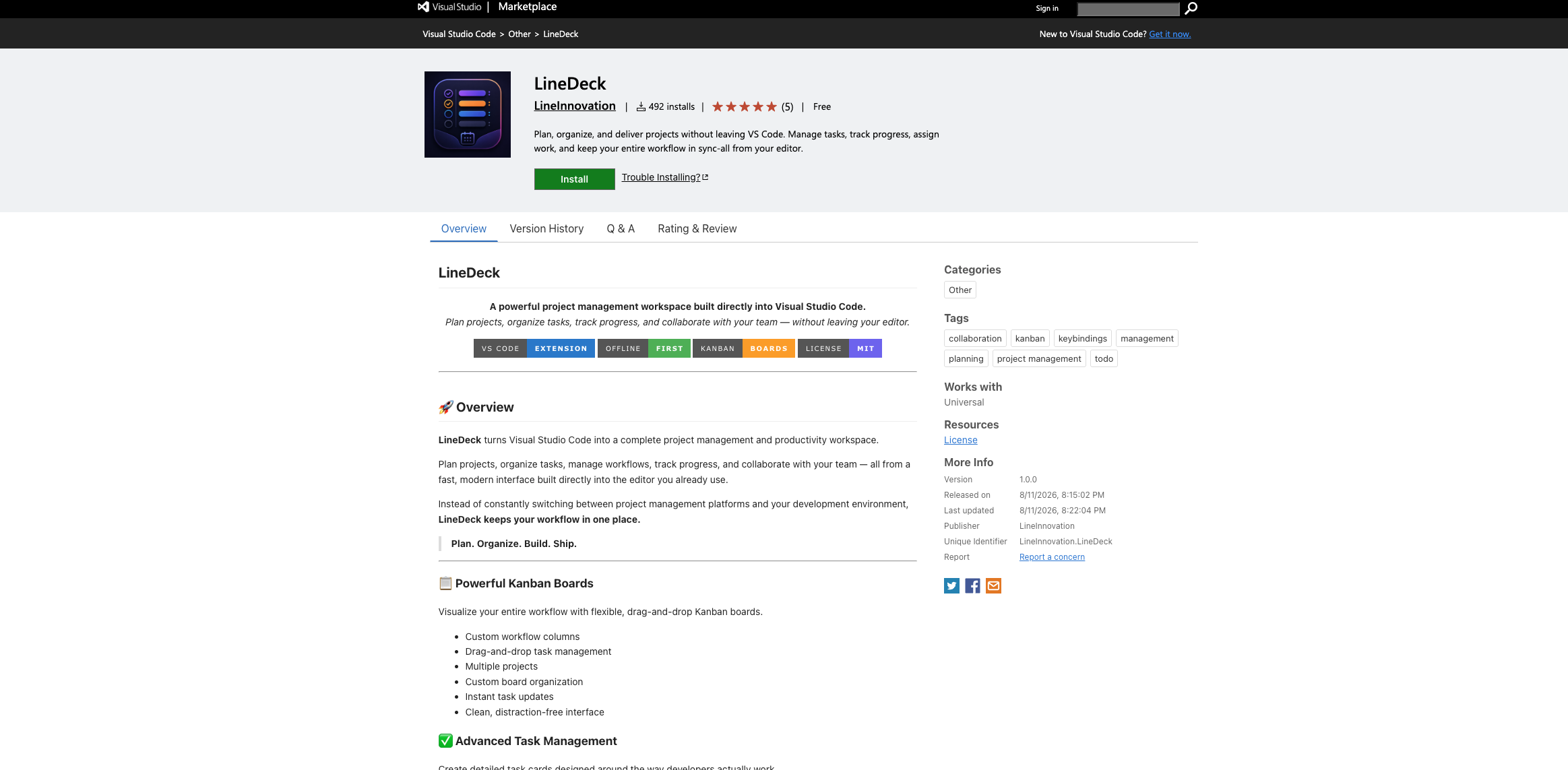 VS Code Marketplace listing for LineInnovation.LineDeck 1.0.0, showing Kanban planner branding, an Install button, and offline-first marketing copy