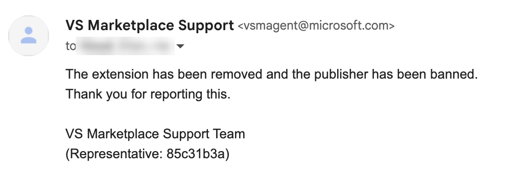 Email from VS Marketplace Support confirming that the extension has been removed and the publisher has been banned