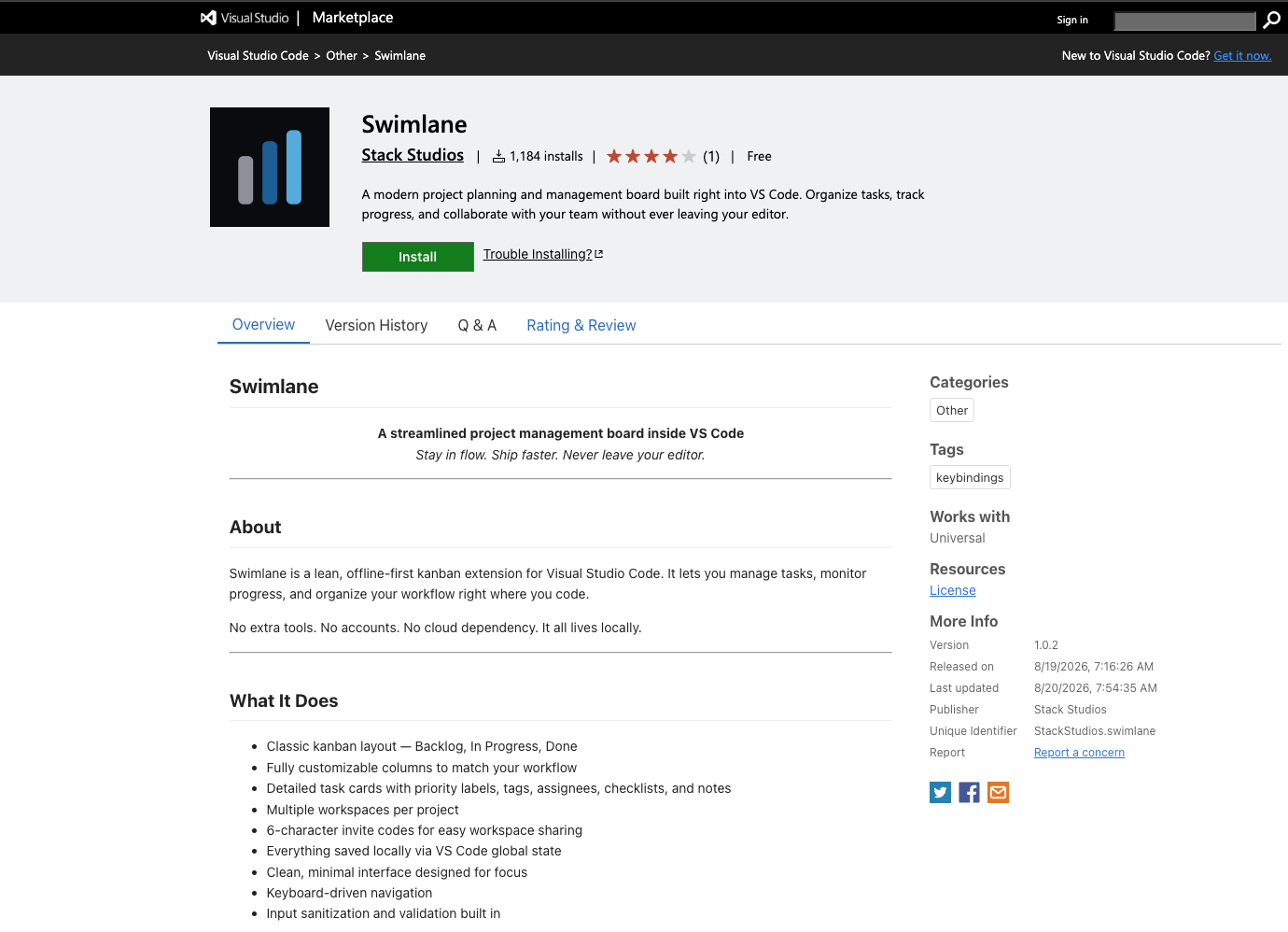VS Marketplace listing for StackStudios.Swimlane 1.0.2 - Kanban planner branding, Install button, and offline-first marketing copy
