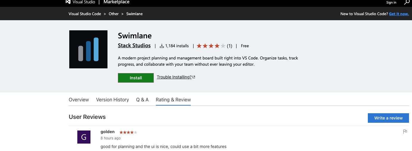 Swimlane Marketplace Rating and Review tab - a single four-star review from golden posted hours after the listing
