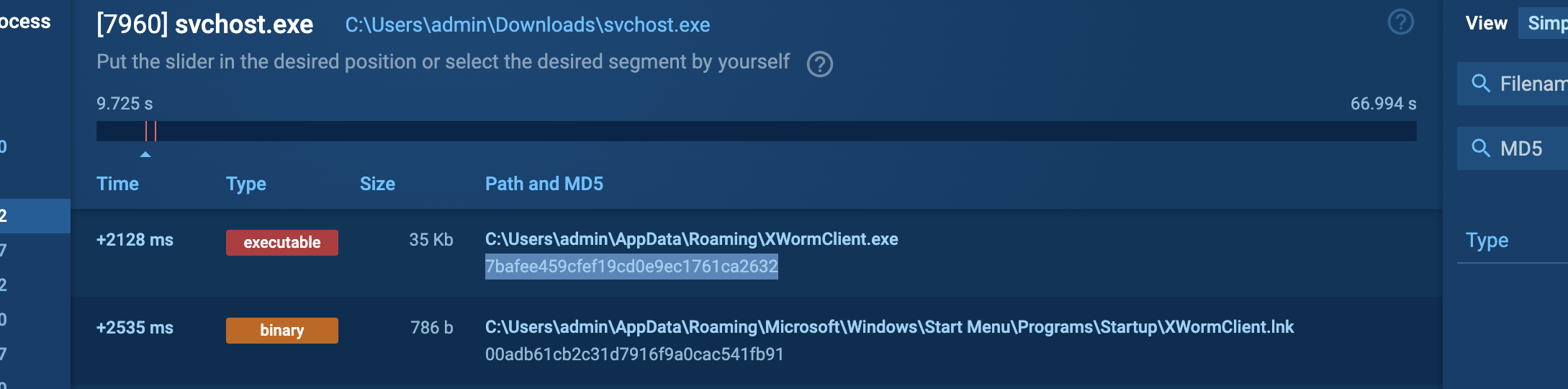 ANY.RUN modified-files view showing XWormClient.exe (35 Kb, MD5 7bafee459cfef19cd0e9ec1761ca2632) dropped to AppData\Roaming, and its matching Startup .lnk shortcut