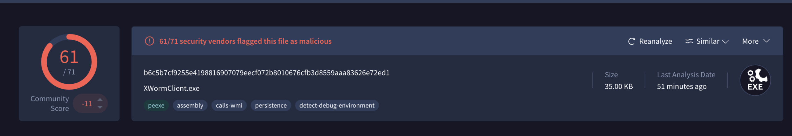 Multi-engine antivirus scan result showing 61 of 71 vendors flagging XWormClient.exe as malicious, hash b6c5b7cf9255e4198816907079eecf072b8010676cfb3d8559aaa83626e72ed1