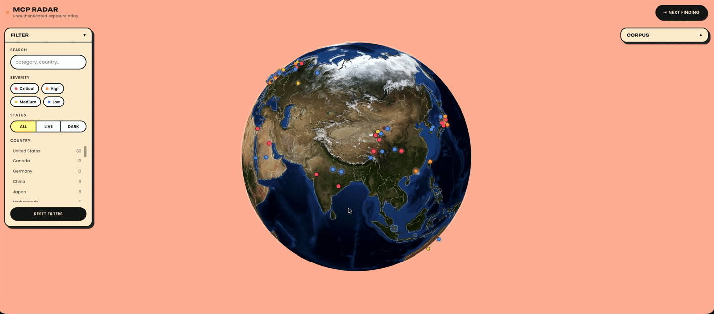 MCP Radar, an interactive 3D globe visualization plotting findings by location and severity, with filter and corpus panels