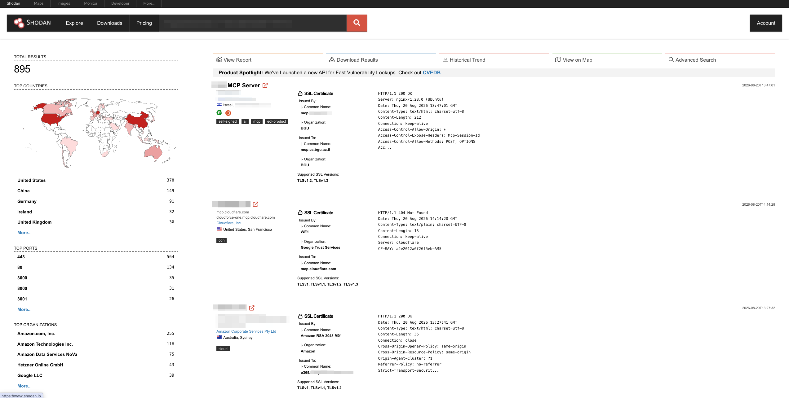 Shodan search results for MCP servers, showing total results, top countries, ports, and organizations