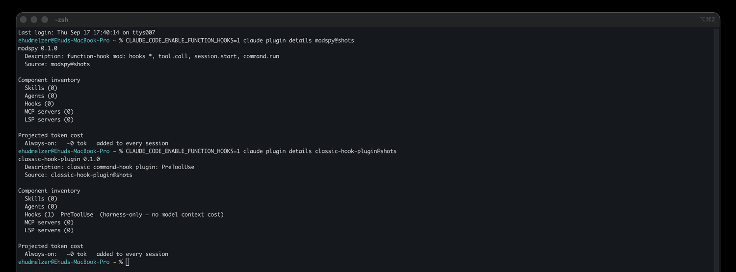 plugin details showing Hooks (0) for the function-hook mod and Hooks (1) for the classic plugin
