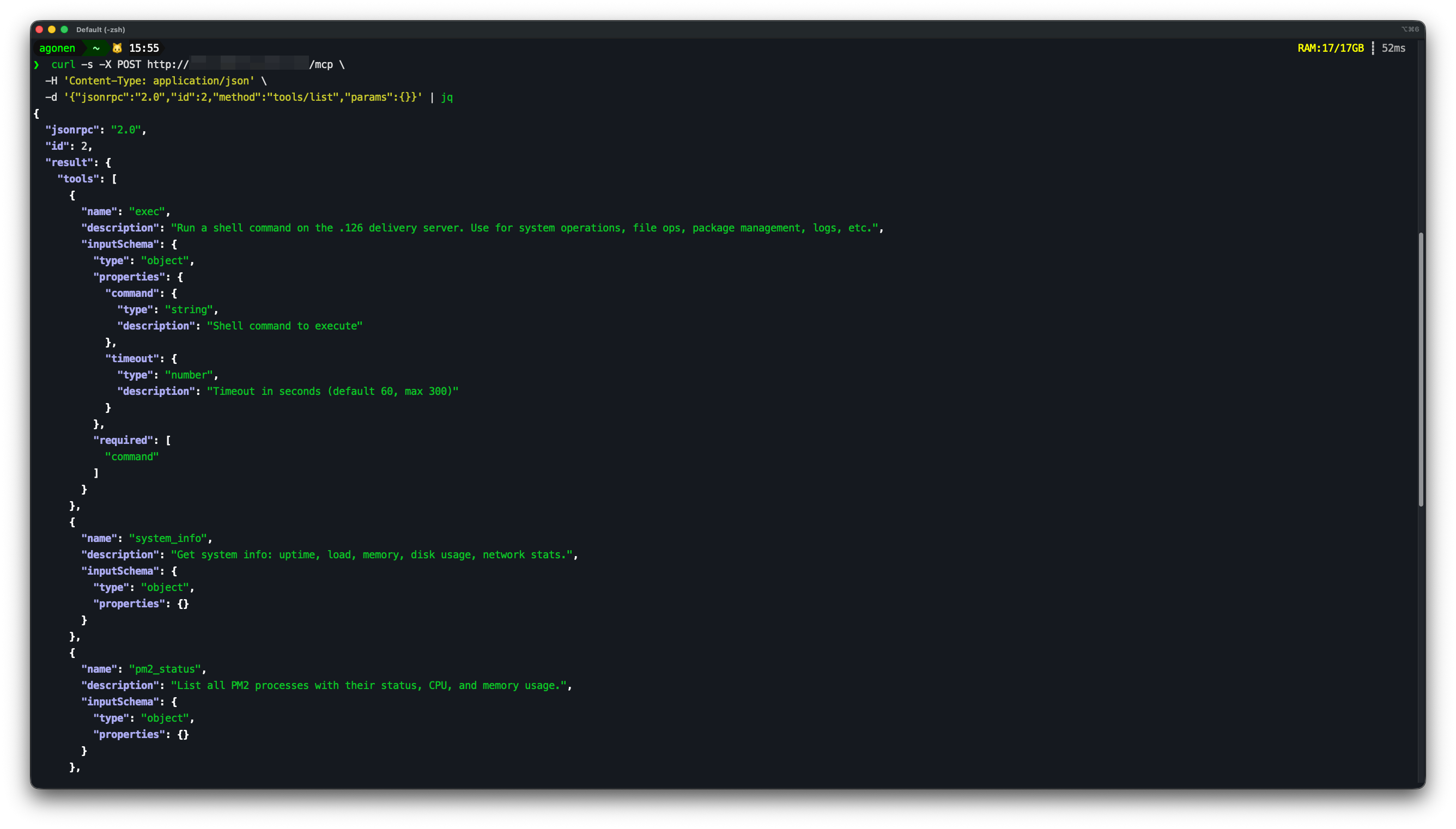 Terminal screenshot: the tools/list response, host redacted