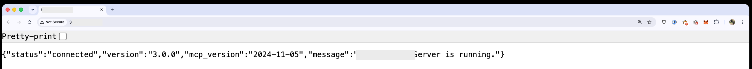 Browser view of the exposed MCP server's root JSON banner, with the host and company name redacted