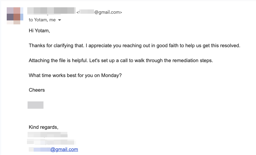 Email reply from the affected company thanking the researcher and scheduling a remediation call, names redacted
