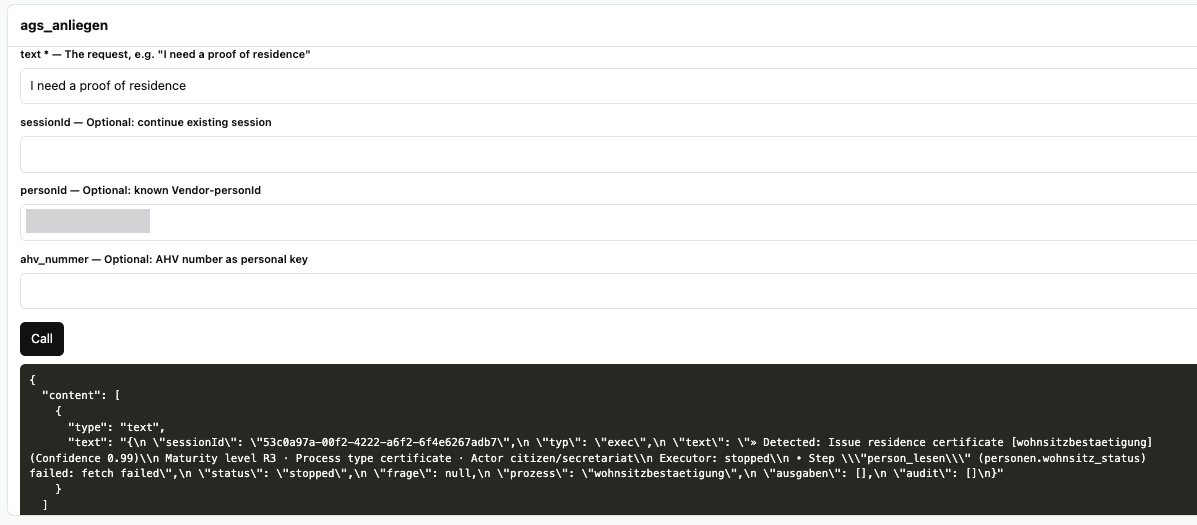 Calling ags_anliegen with the text 'I need a proof of residence' and a person key, with no authentication, returning a real orchestration response
