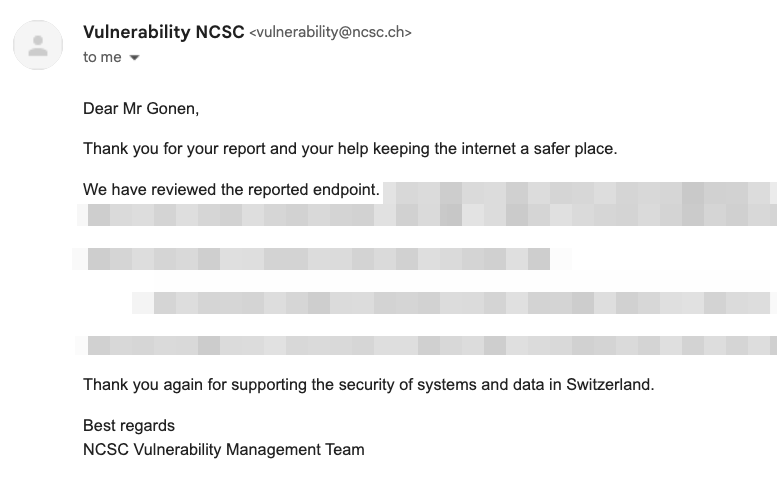 Email from NCSC's Vulnerability Management Team confirming they reviewed the reported endpoint