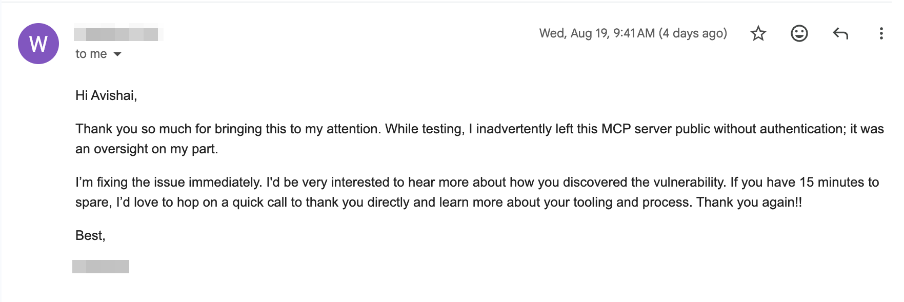 Email reply from an affected operator explaining the exposed MCP server was left public during testing and calling it an oversight, name redacted