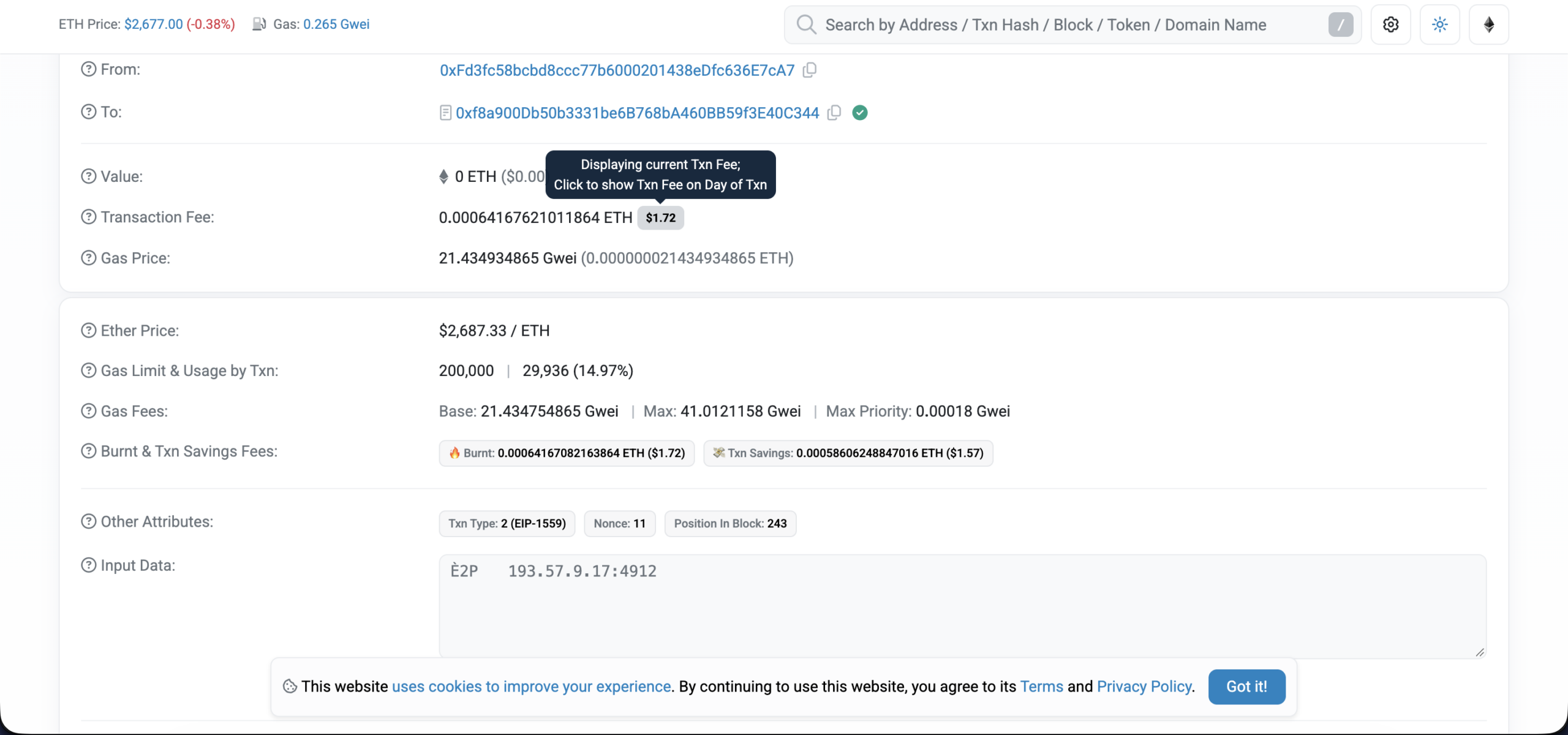 Etherscan view of the transaction that set param1 on the config contract, input data decodes to the plaintext string 193.57.9.17:4912