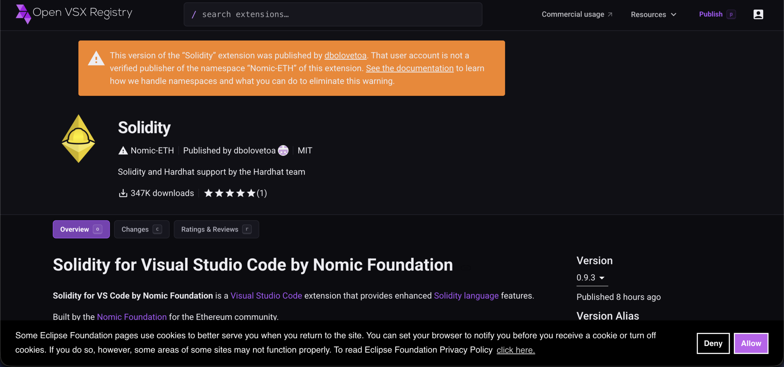 Fake Open VSX listing impersonating NomicFoundation.hardhat-solidity