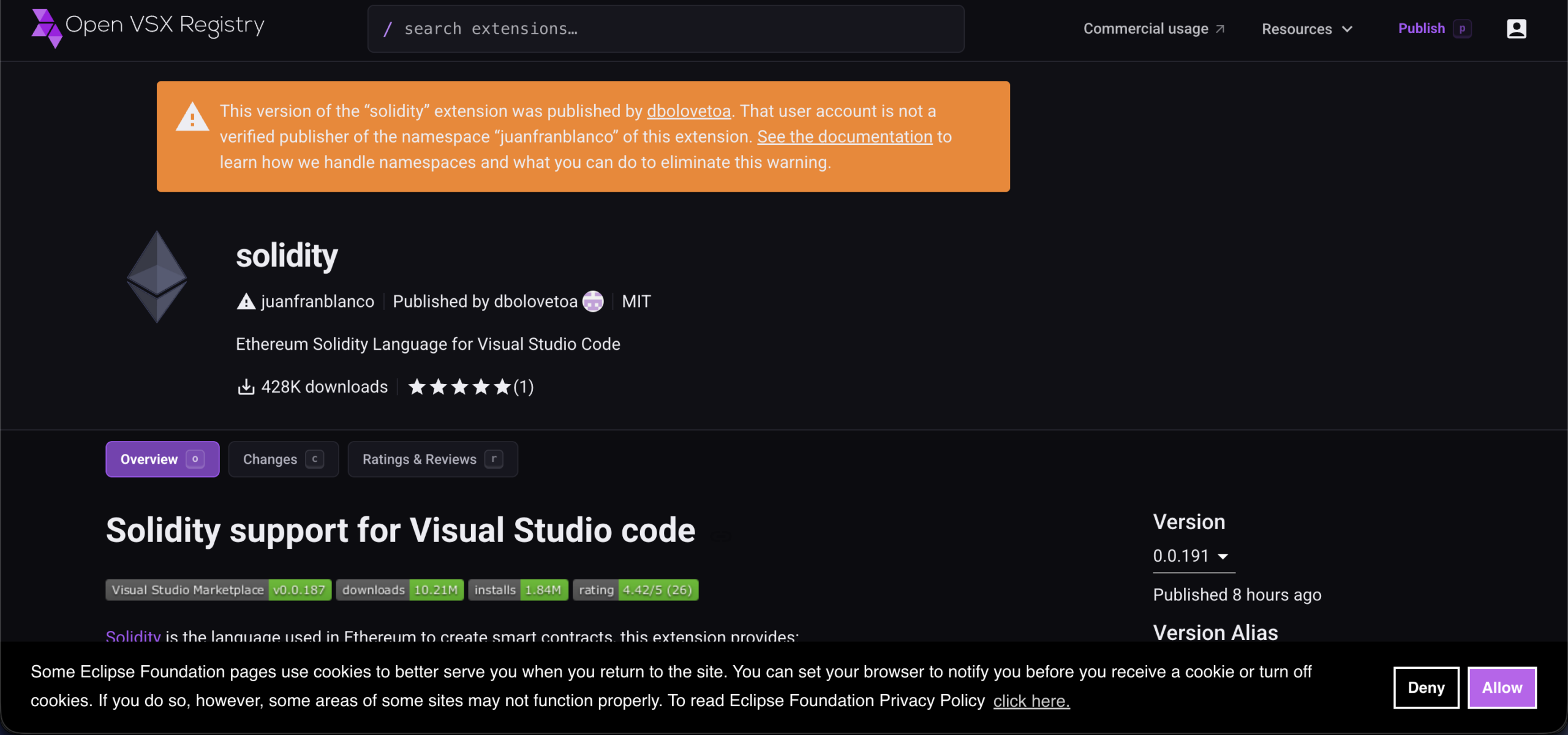 Fake Open VSX listing impersonating juanblanco.solidity