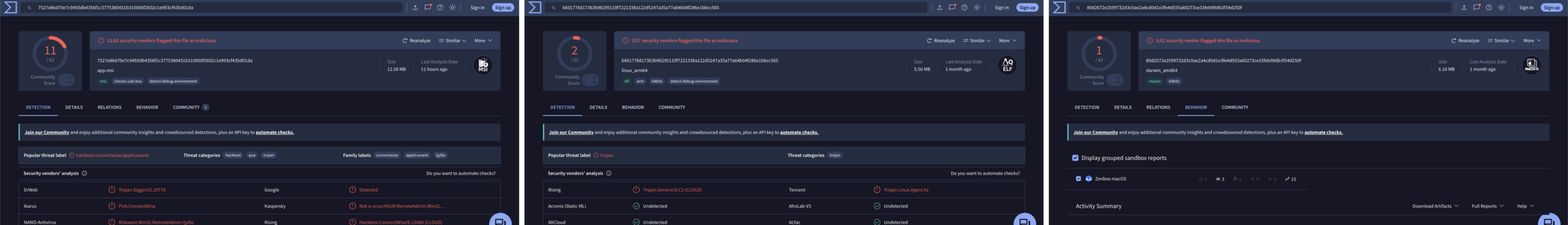 Three VirusTotal reports comparing detection across the Windows, Linux ARM64, and macOS x64 payloads